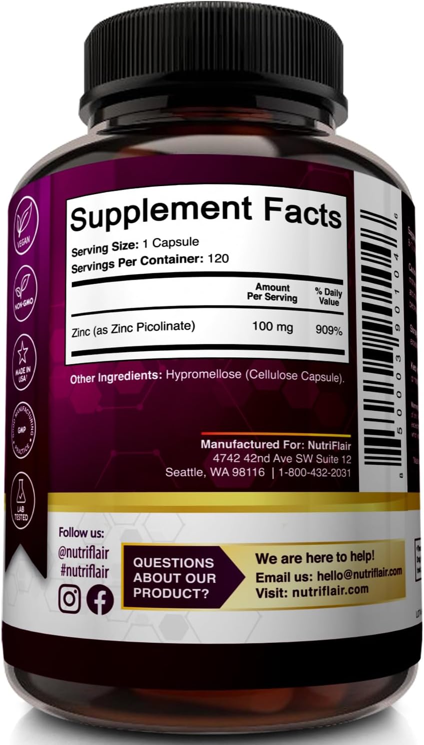 High Potency Vegan Zinc Picolinate Supplement - 100mg, 120 Capsules - Non-GMO, Made in USA, Lab Tested