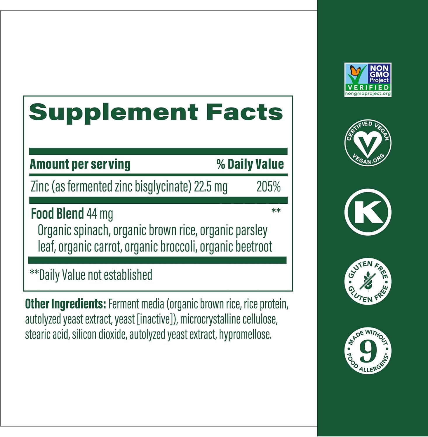 High Potency Vegan Zinc Supplement for Immune Support - 22.5 mg Fermented Zinc - Gluten-Free, Kosher - 60 Tablets