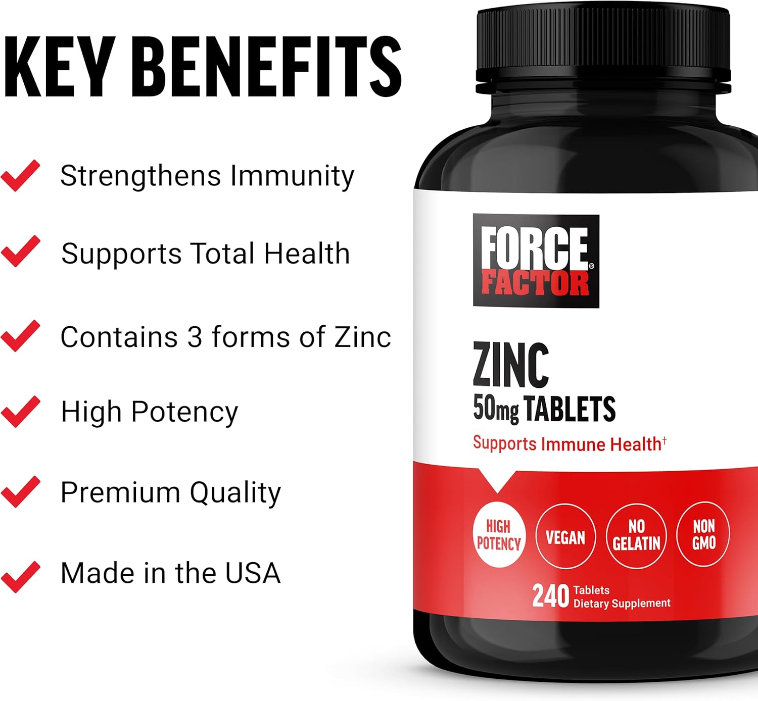 High-Potency Vegan Zinc Supplements with Zinc Oxide, Gluconate, and Citrate for Immune Health - 240 Tablets