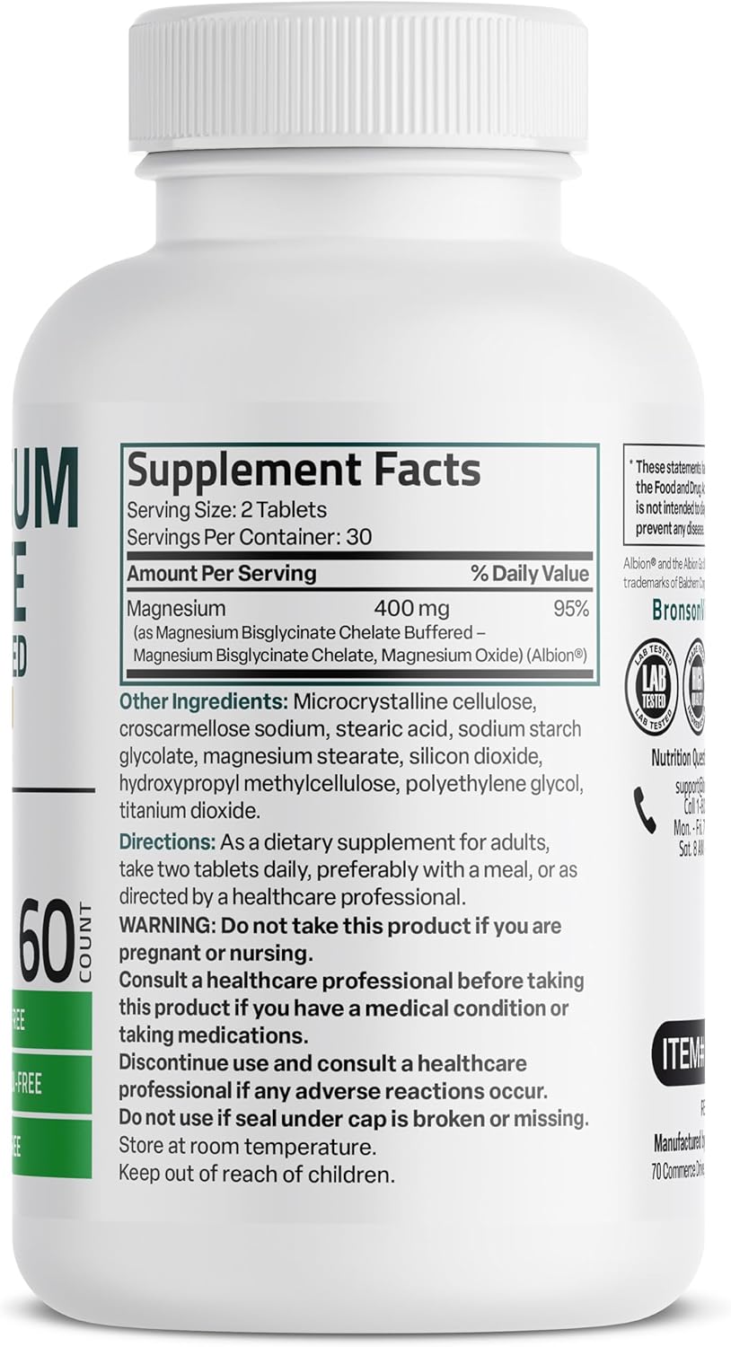 High Potency Vegetarian Magnesium Glycinate 400mg Tablets, Chelated for Better Absorption, Non-GMO, 60 Count, Gentle on Stomach