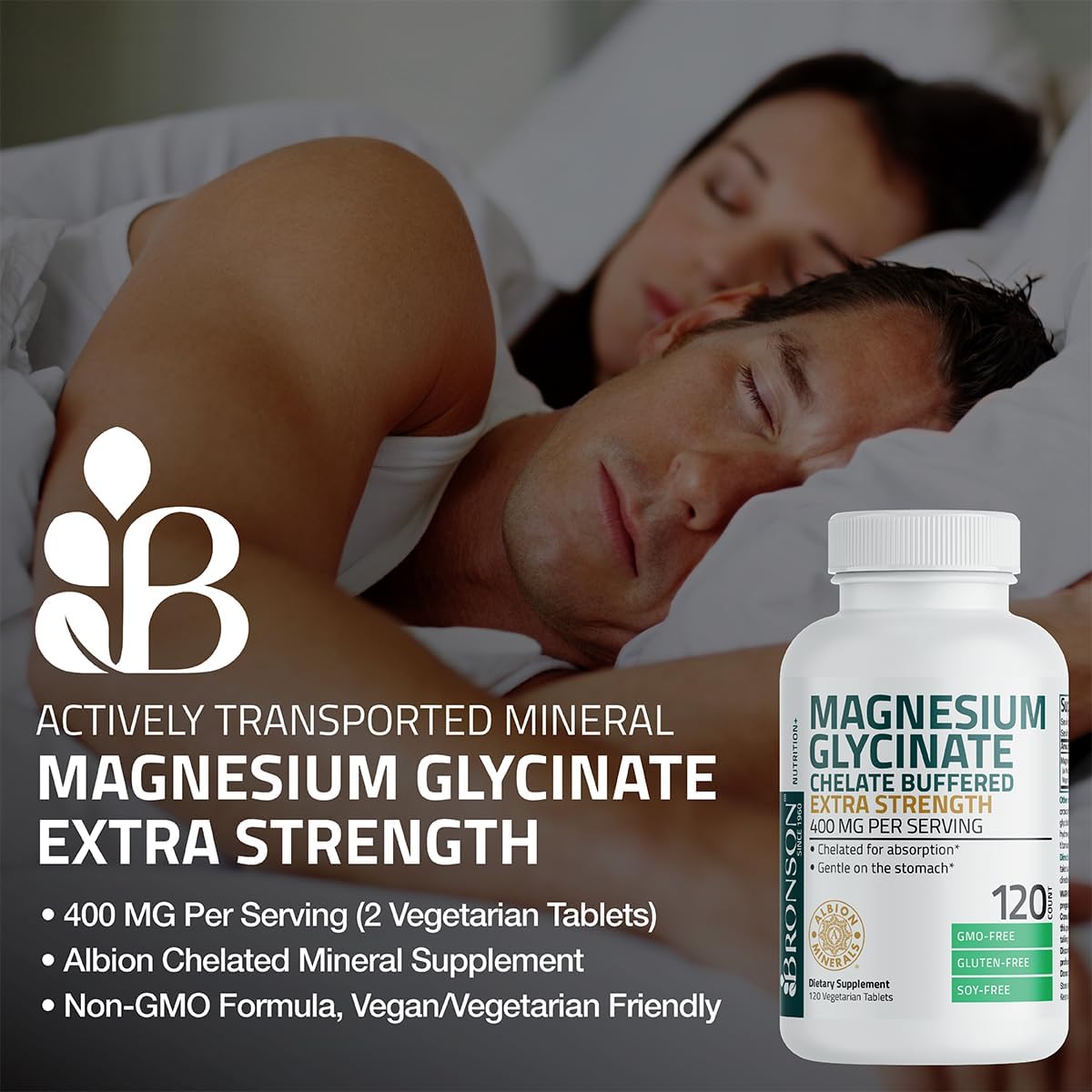 High Potency Vegetarian Magnesium Glycinate 400mg Tablets, Chelated for Better Absorption, Non-GMO, 60 Count, Gentle on Stomach