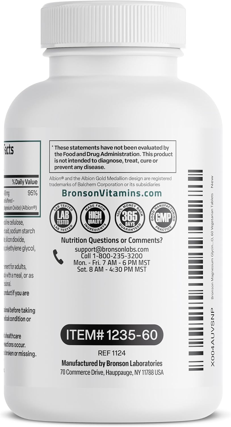 High Potency Vegetarian Magnesium Glycinate 400mg Tablets, Chelated for Better Absorption, Non-GMO, 60 Count, Gentle on Stomach
