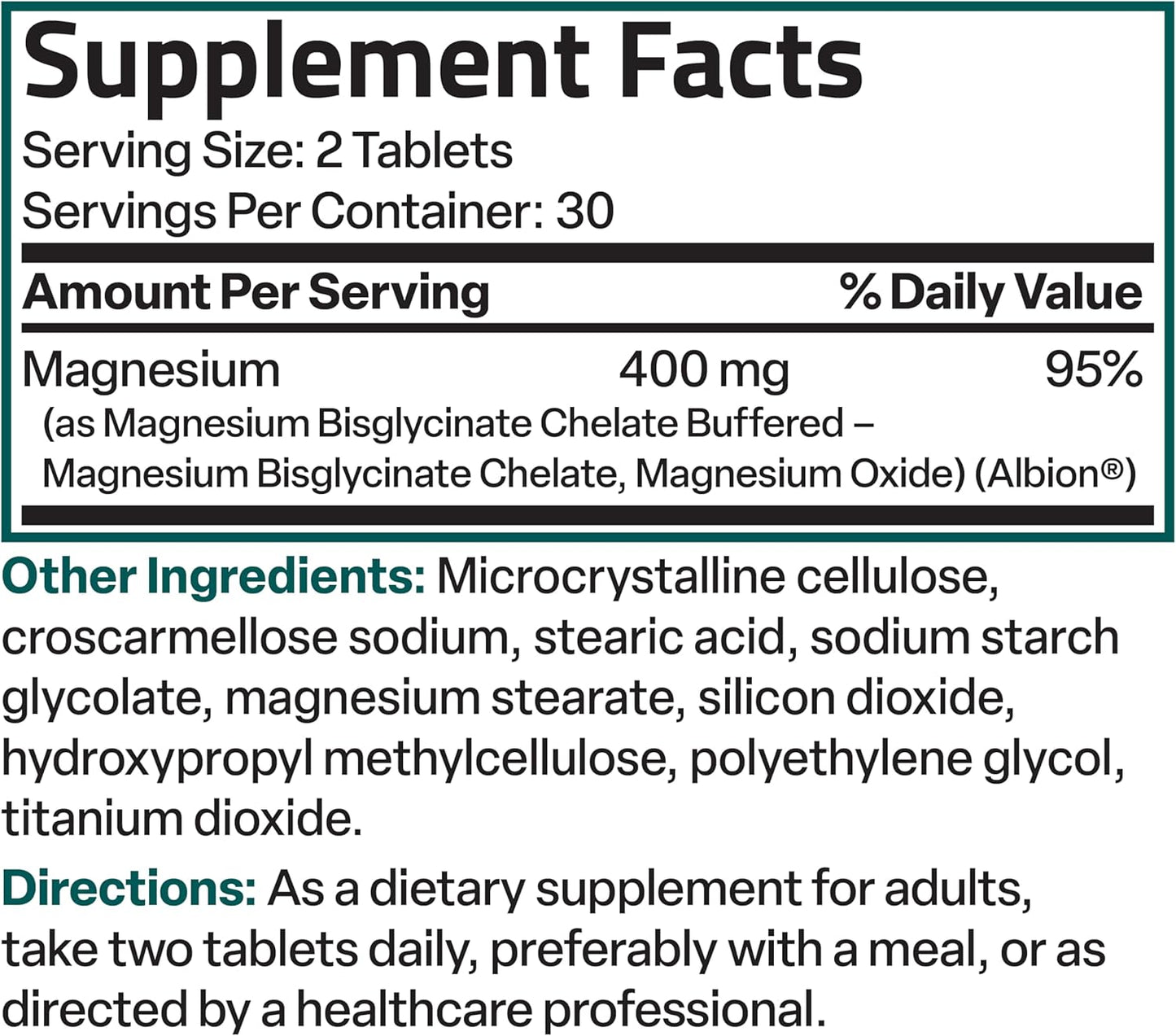 High Potency Vegetarian Magnesium Glycinate 400mg Tablets, Chelated for Better Absorption, Non-GMO, 60 Count, Gentle on Stomach