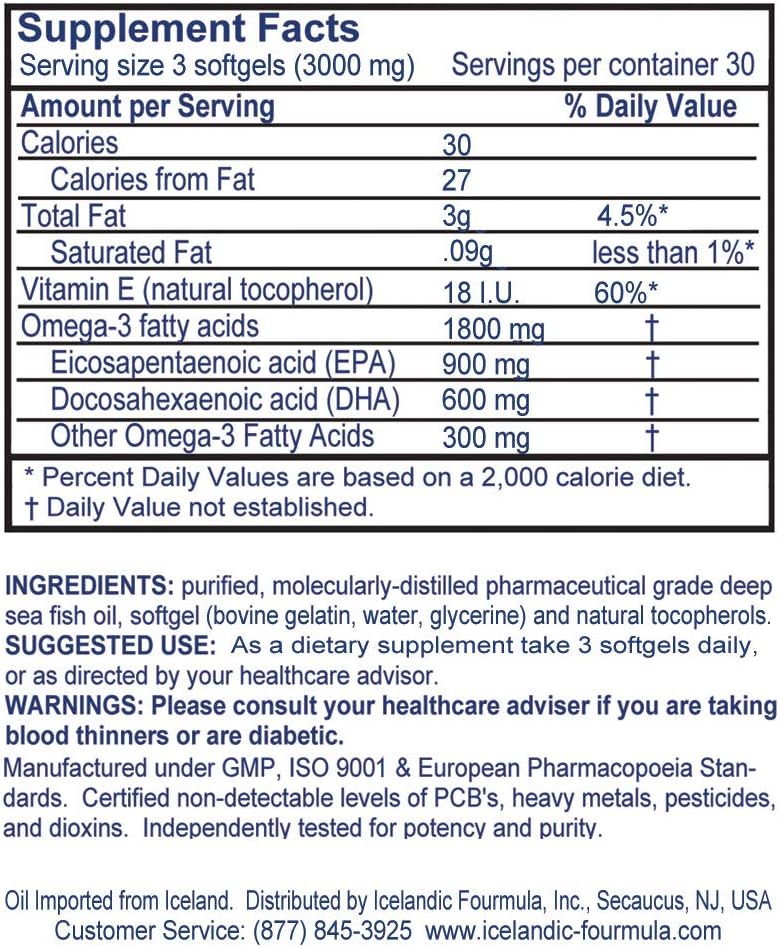 High Potency Viking Icelandic Omega-3 Fish Oil Softgels with Quadruple Strength DHA & EPA - 90 Count