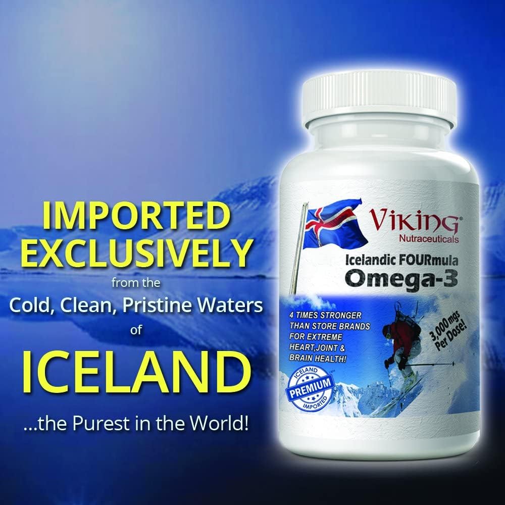High Potency Viking Icelandic Omega-3 Fish Oil Softgels with Quadruple Strength DHA & EPA - 90 Count