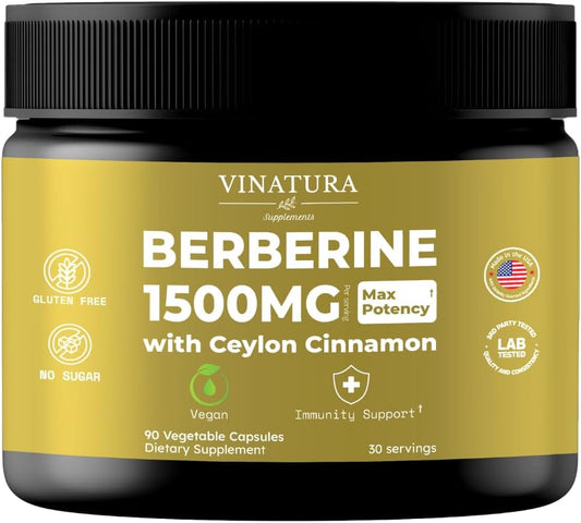 High Potency VINATURA Berberine Supplement with Ceylon Cinnamon - 1500mg Berberine HCL Capsules - 90 Count