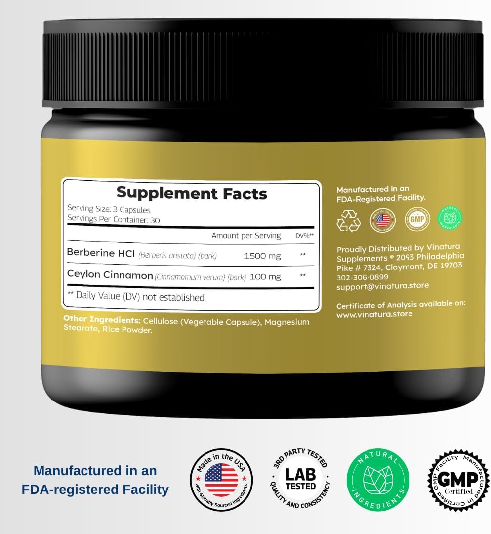 High Potency VINATURA Berberine Supplement with Ceylon Cinnamon - 1500mg Berberine HCL Capsules - 90 Count