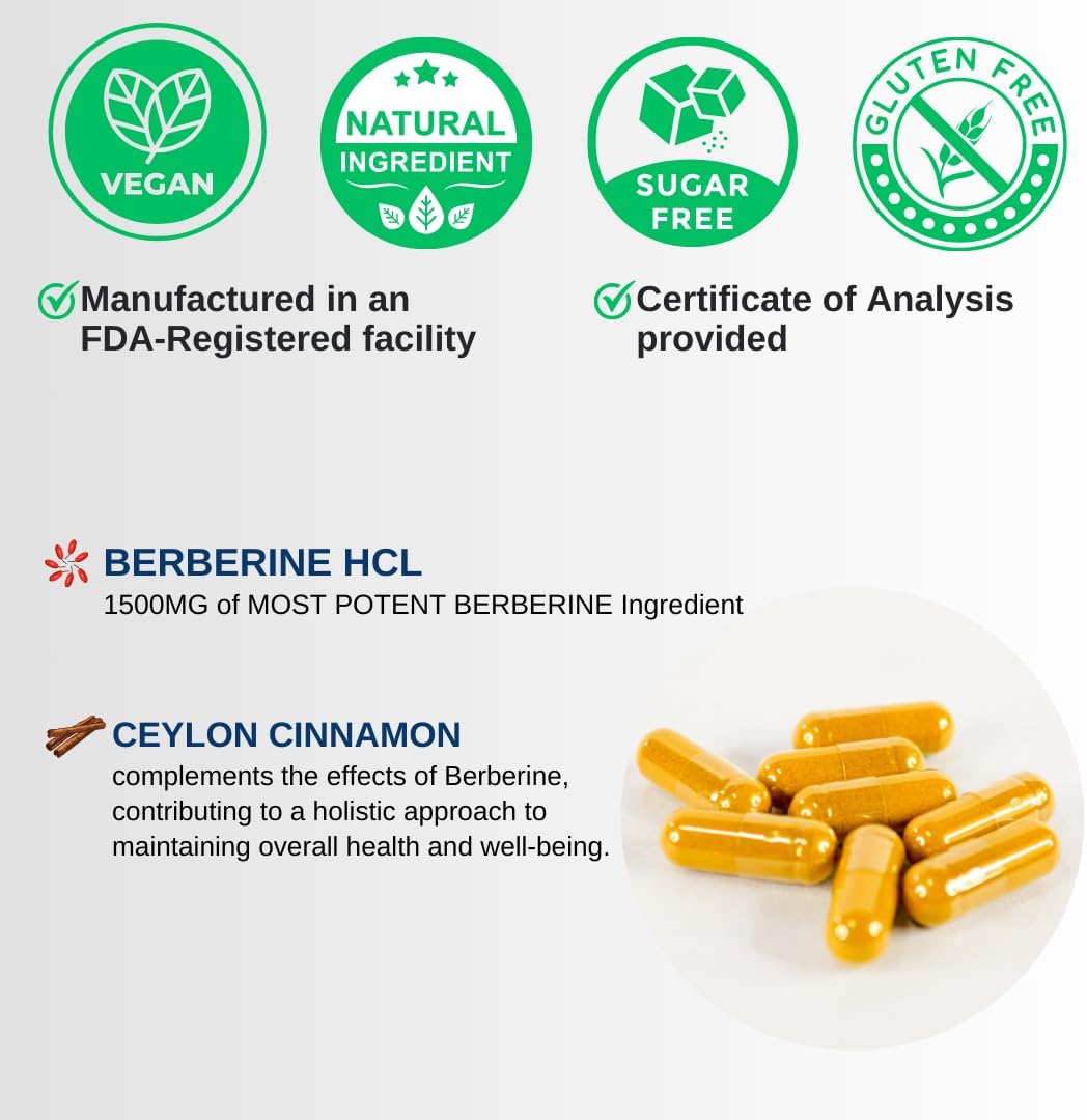 High Potency VINATURA Berberine Supplement with Ceylon Cinnamon - 1500mg Berberine HCL Capsules - 90 Count