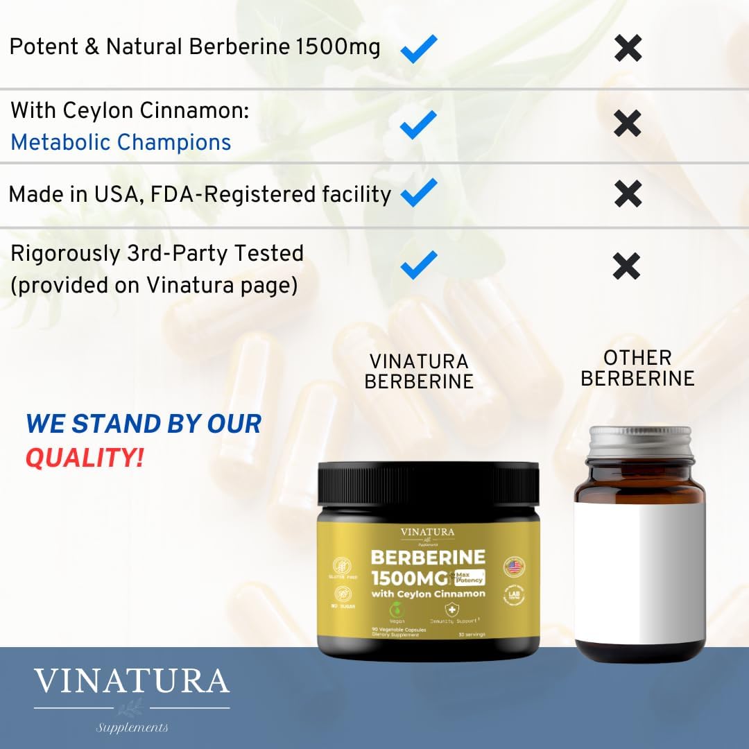 High Potency VINATURA Berberine Supplement with Ceylon Cinnamon - 1500mg Berberine HCL Capsules - 90 Count