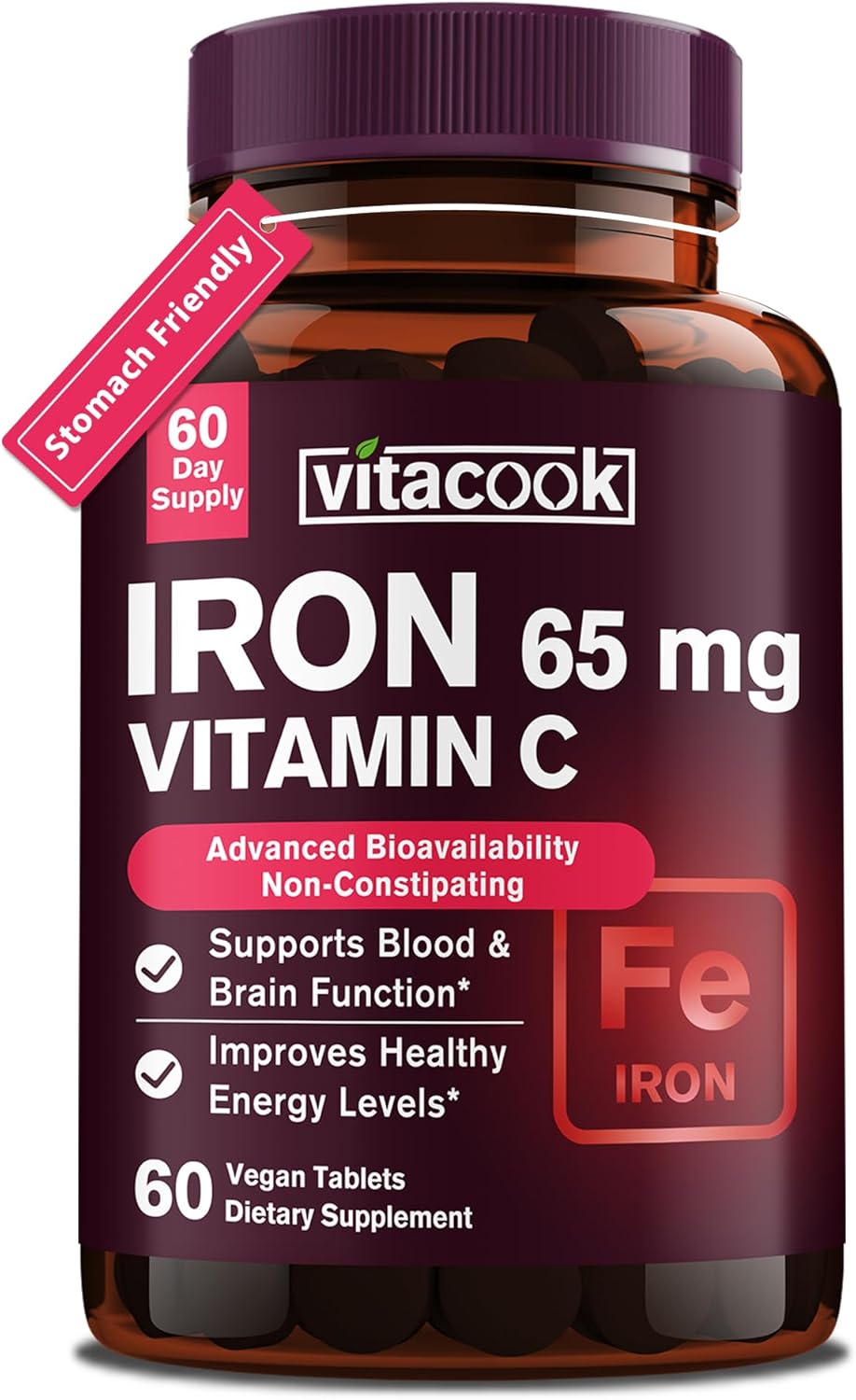 High Potency Vitacook Iron Supplement with Vitamin C for Red Blood Cell & Immune Support - 60 Vegan Tabs, Non-GMO & Gluten Free