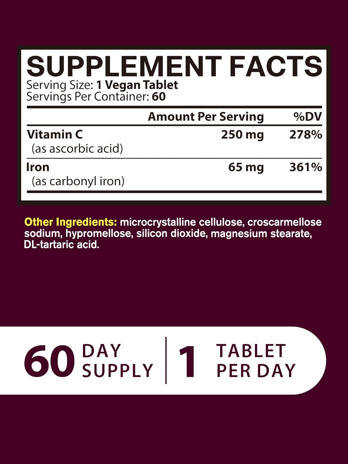 High Potency Vitacook Iron Supplement with Vitamin C for Red Blood Cell & Immune Support - 60 Vegan Tabs, Non-GMO & Gluten Free