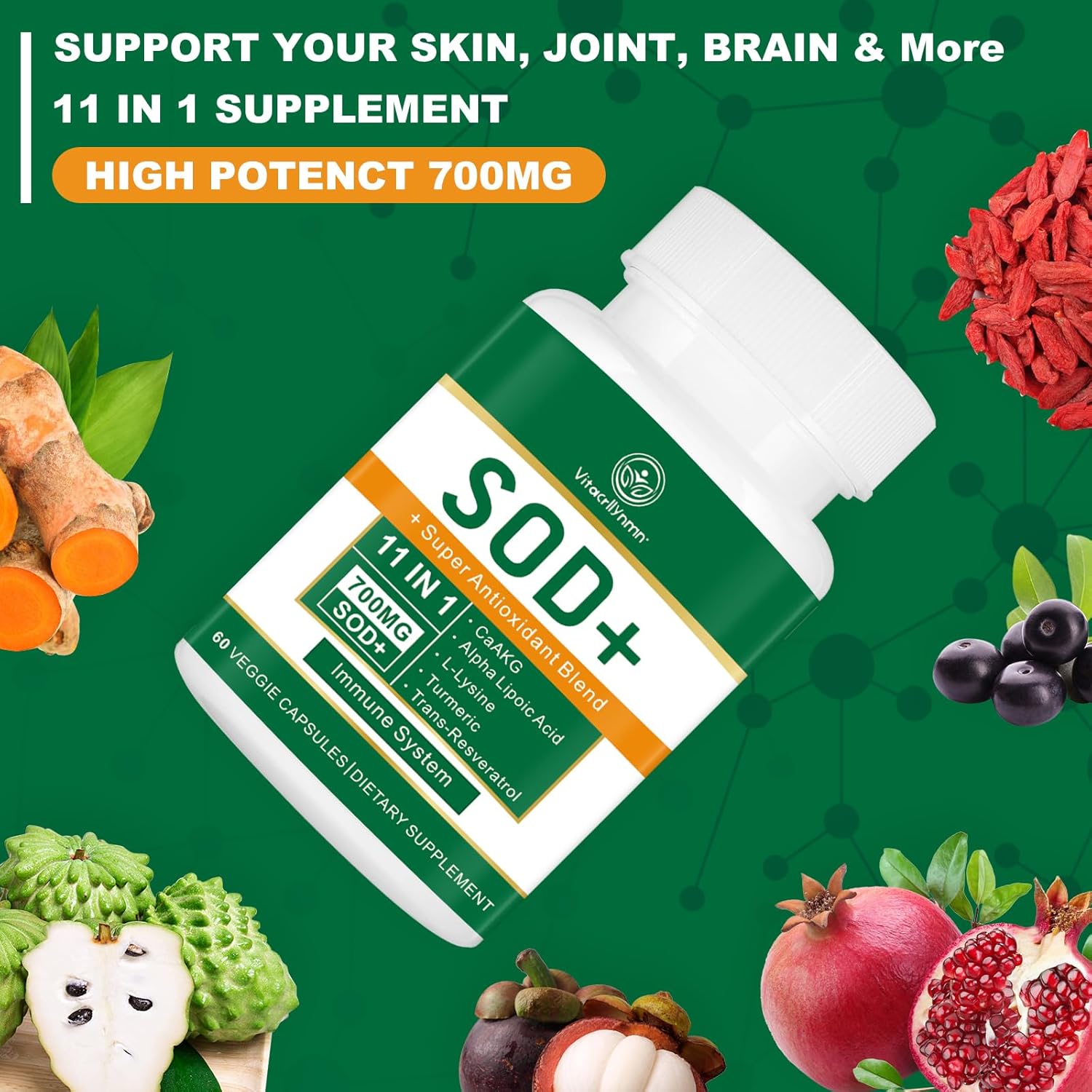 High Potency VITACRLLYNMN 700MG Sod Superoxide Dismutase Antioxidant Supplement - Promotes Cellular Health - 120 Capsules