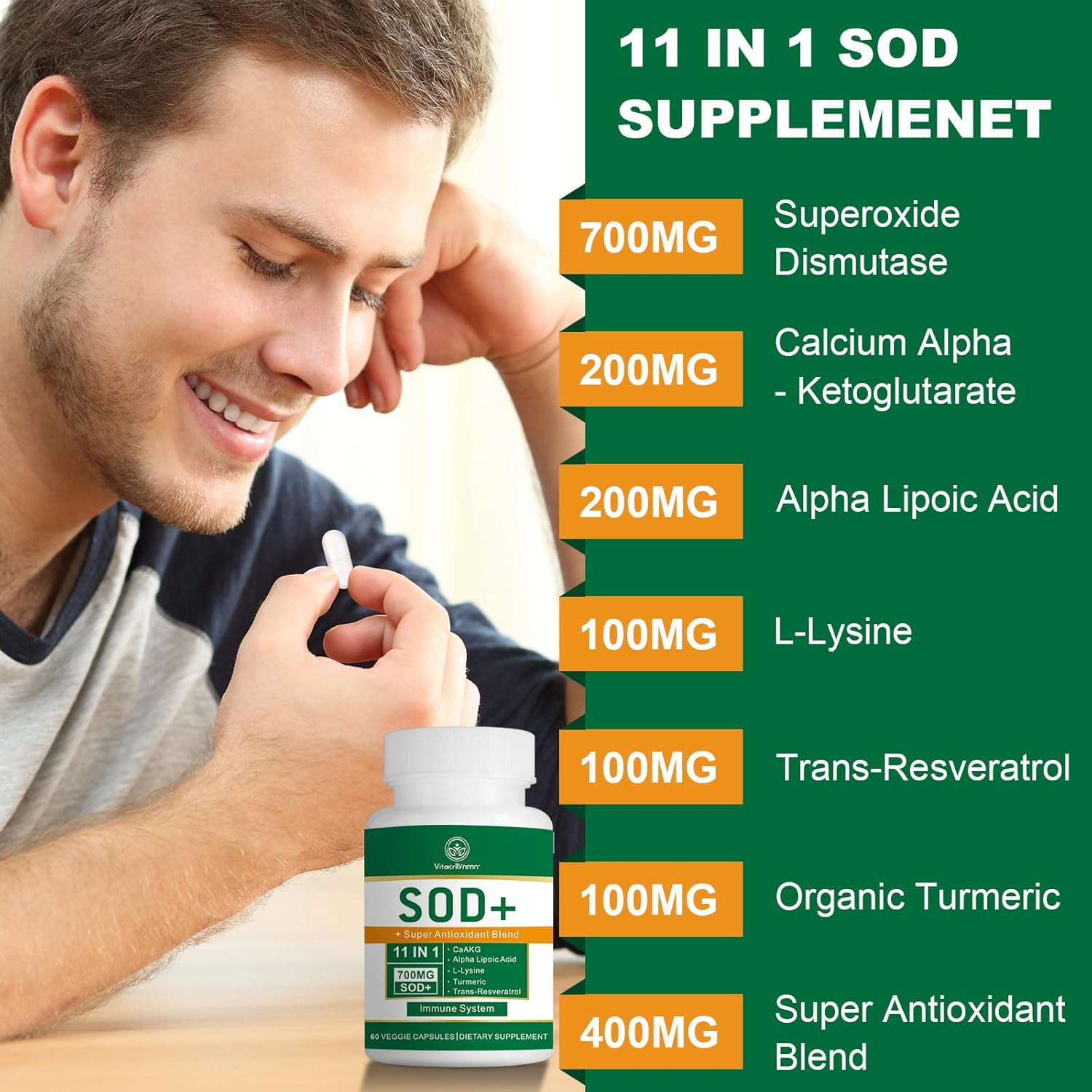 High Potency VITACRLLYNMN 700MG Sod Superoxide Dismutase Antioxidant Supplement - Promotes Cellular Health - 120 Capsules