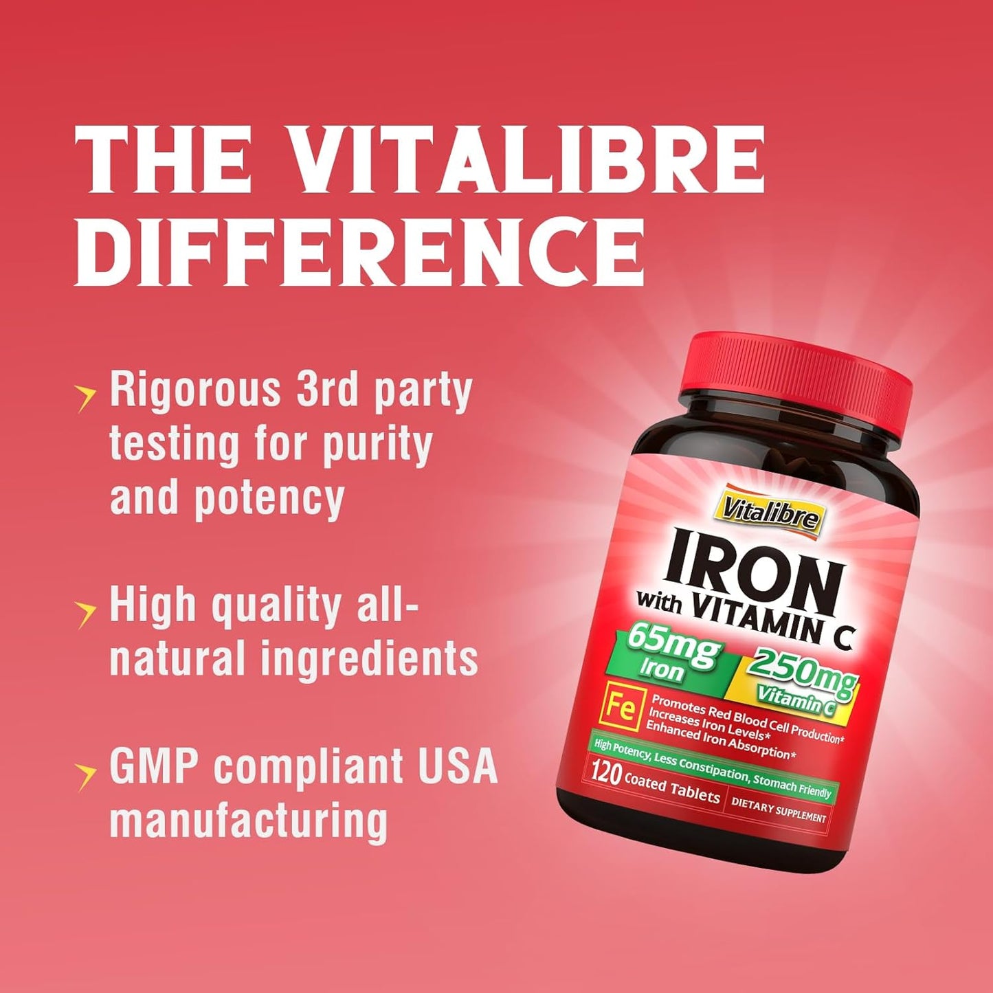 High Potency Vitalibre Iron Supplement with Vitamin C for Healthy Energy Levels - 120 Tablets, Stomach-Friendly Carbonyl Iron for Red Blood Cell Production