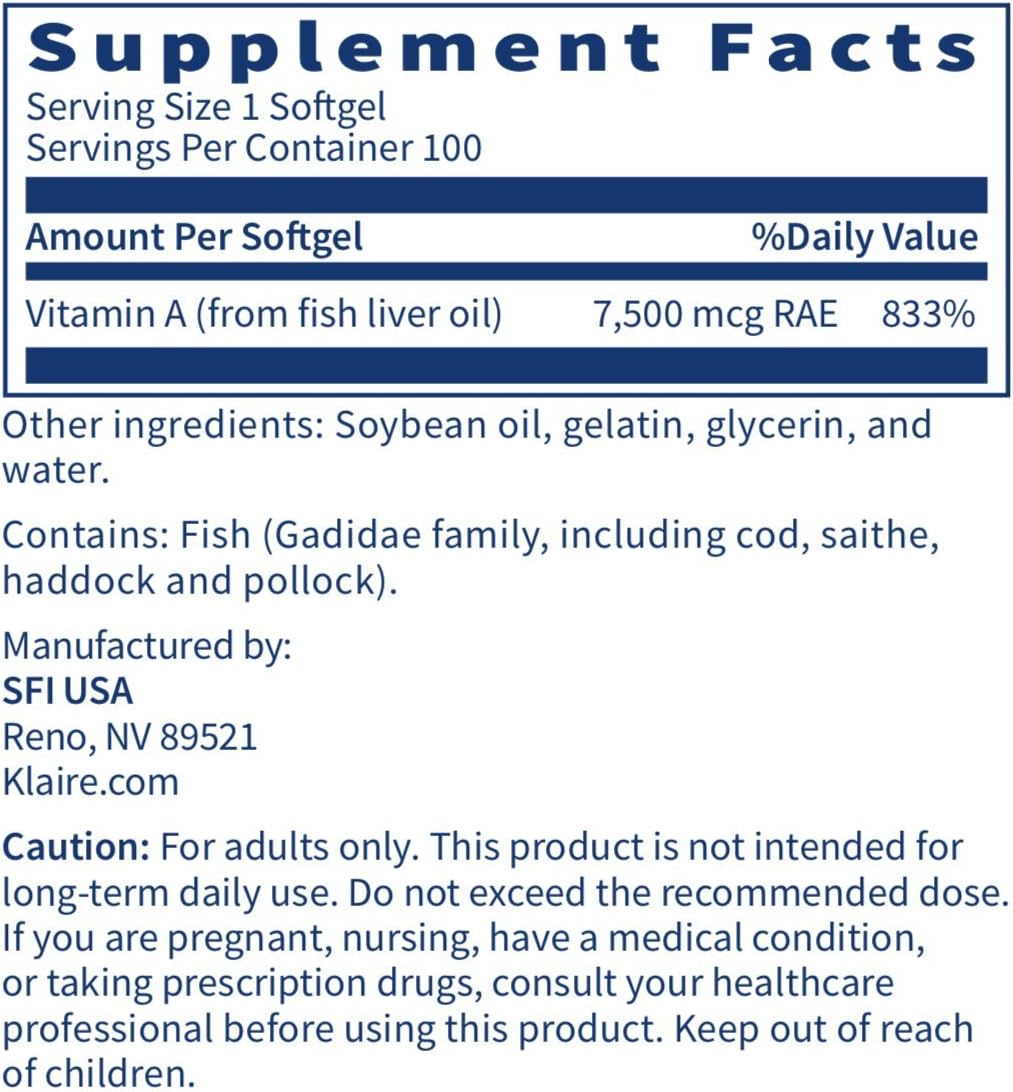 High Potency Vitamin A Softgels - 25000 IU Dose (7500mcg RAE) from Fish Liver Oil