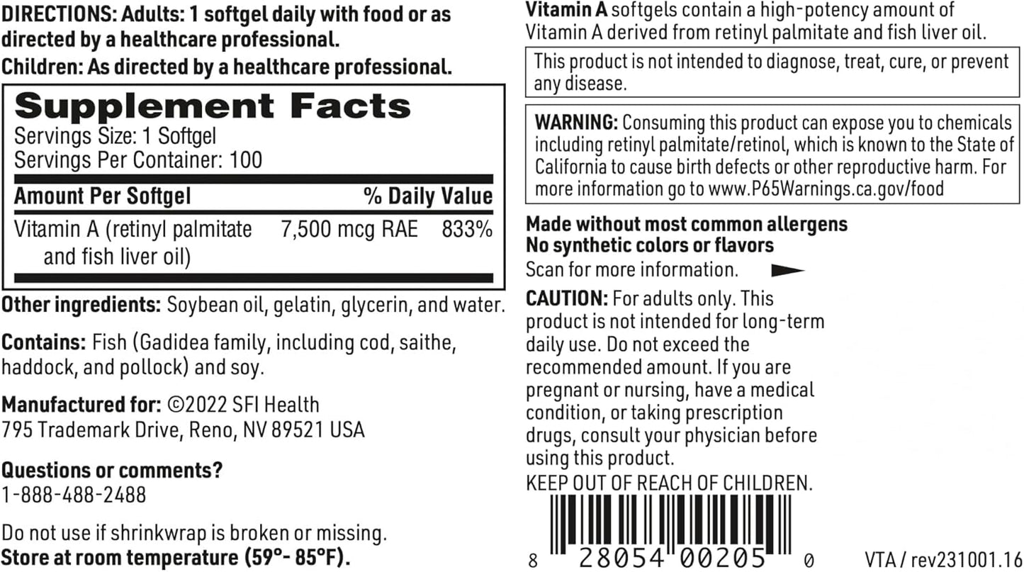 High Potency Vitamin A Softgels - 25000 IU Dose (7500mcg RAE) from Fish Liver Oil