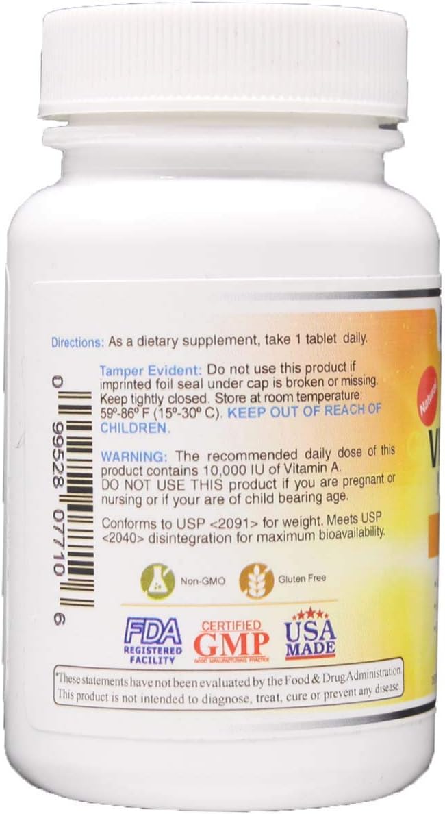 High Potency Vitamin A Supplement - 10,000 IU Palmitate from Cod Liver Oil - 100 Tablets