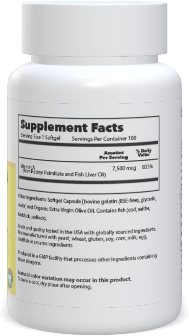 High Potency Vitamin A Supplement - 25000 IU, 100 Softgels for Immune Support and Eye Health