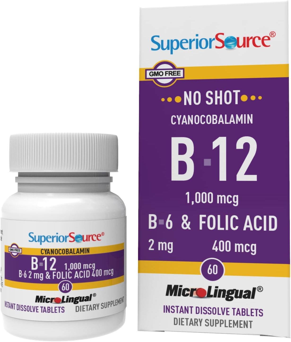 High Potency Vitamin B-12 Cyanocobalamin with B-6 and Folic Acid - Boost Brain & Heart Health - Enhance Energy - 60 Sublingual Tablets