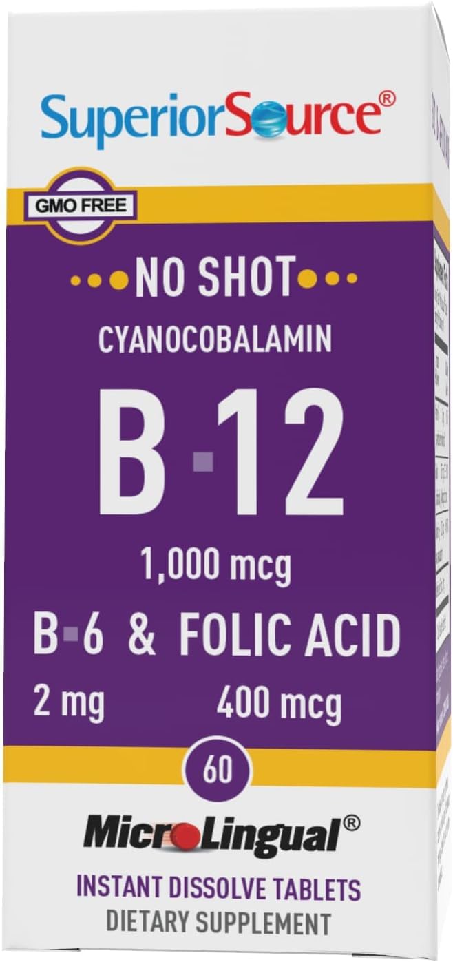 High Potency Vitamin B-12 Cyanocobalamin with B-6 and Folic Acid - Boost Brain & Heart Health - Enhance Energy - 60 Sublingual Tablets