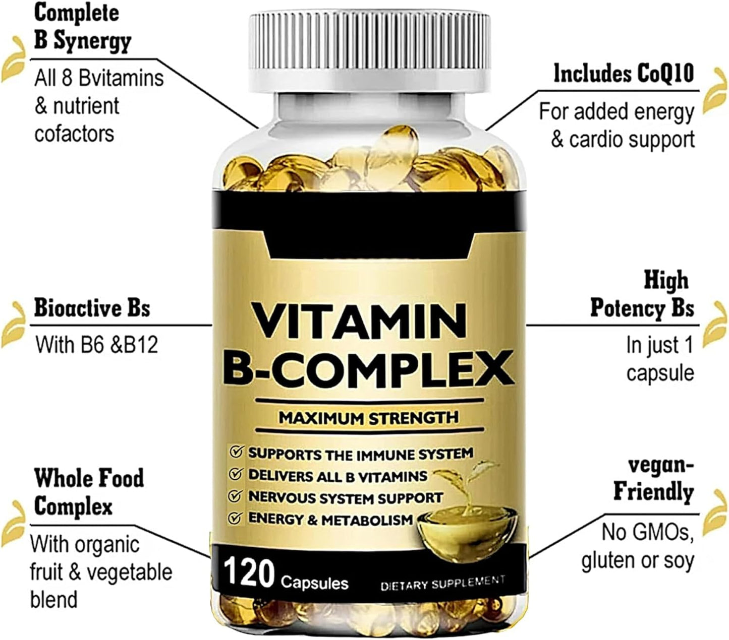 High-Potency Vitamin B-Complex with CoQ10 and Vitamin C - Energy and Metabolism Support, 120 Softgels, 60 Day Supply