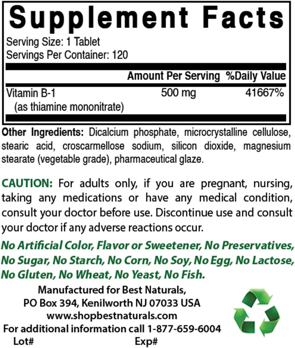 High Potency Vitamin B1 Thiamine Mononitrate 500mg Tablets - 240 Count - Best Naturals