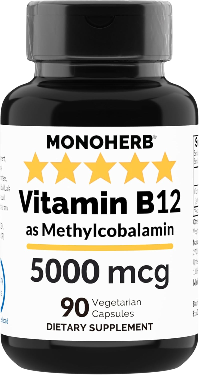 High Potency Vitamin B12 Methylcobalamin Capsules - 5000 mcg, 90 Vegetarian Capsules