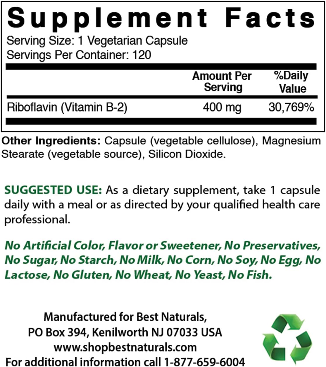 High Potency Vitamin B2 (Riboflavin) 400mg with Magnesium Glycinate 425 mg for Optimal Health