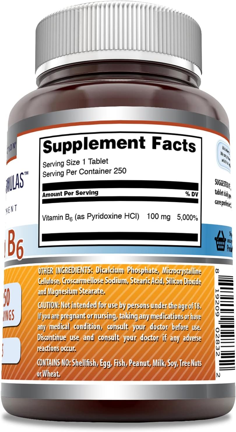 High Potency Vitamin B6 Pyridoxine 100mg 250 Tablets | Amazing Nutrition Supplement | Non-GMO & Gluten Free | USA Made
