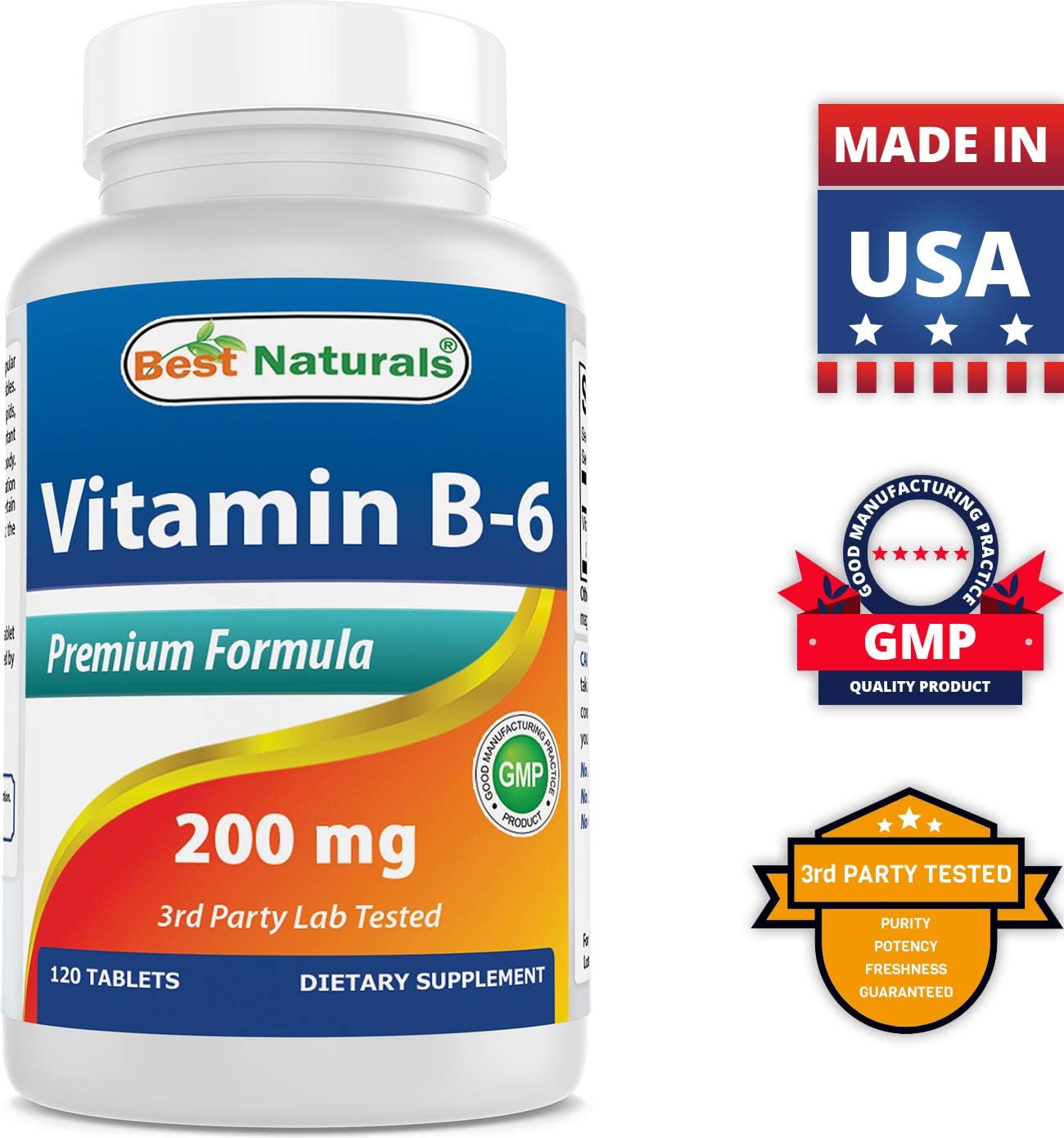 High Potency Vitamin B6 Supplement for Adults - 200mg, 120 Tablets (Pack of 2) by Best Naturals