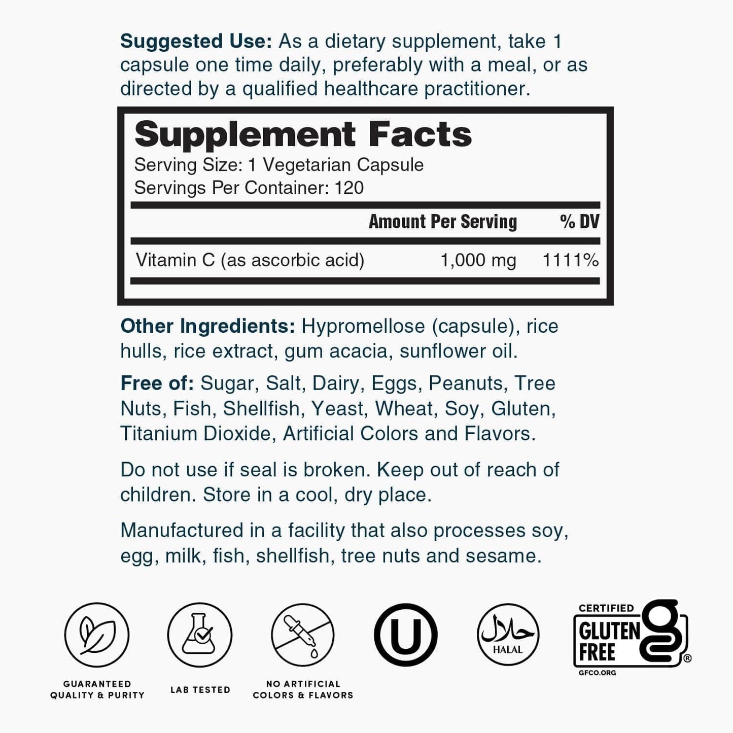 High Potency Vitamin C 1000mg Capsules for Immune System Support - 120 Count