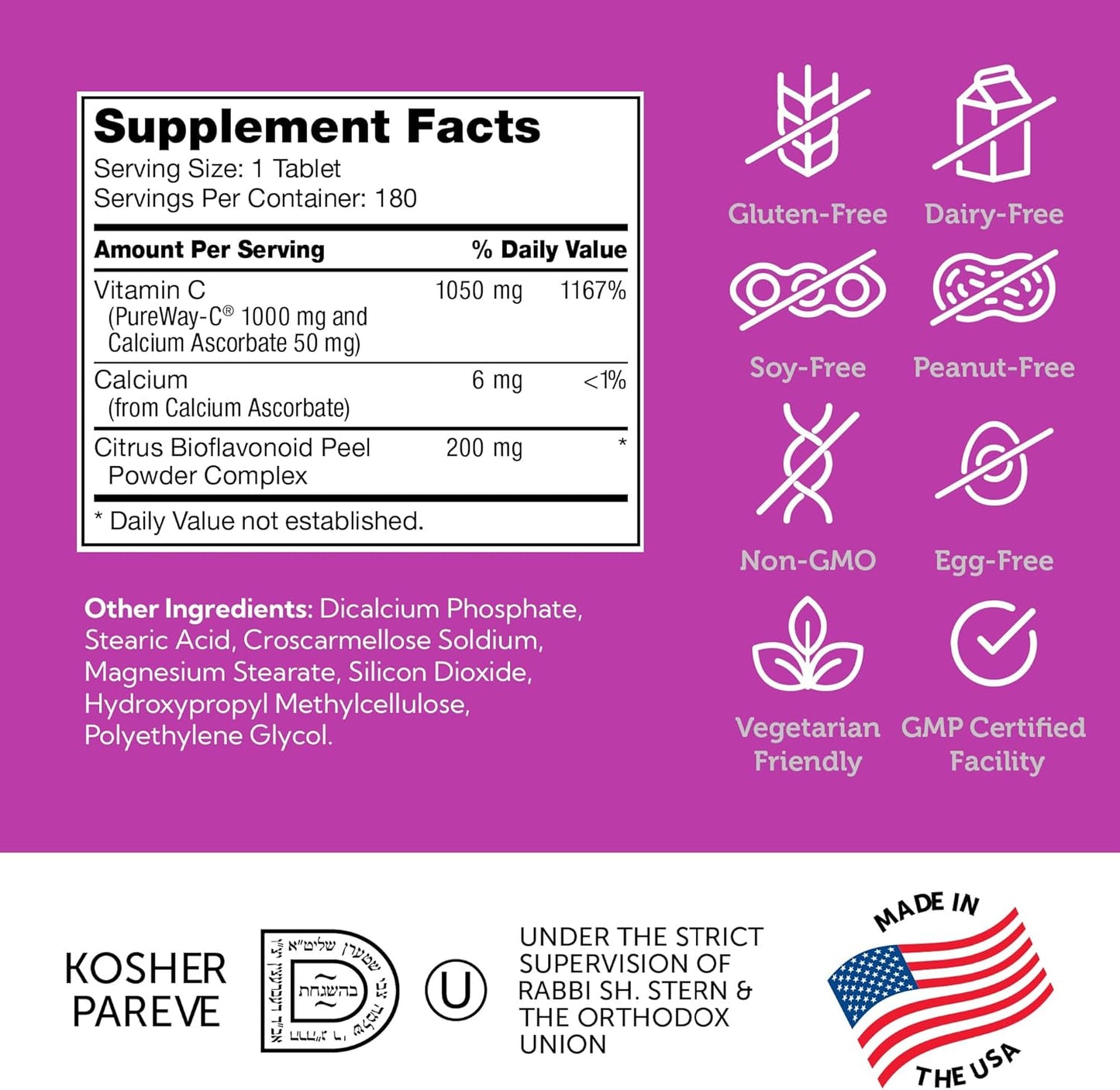 High Potency Vitamin C 1000mg Tablets with Bioflavonoids - Immune Support Supplement for Men & Women - Gentle on Stomach - Gluten Free - 180 Count