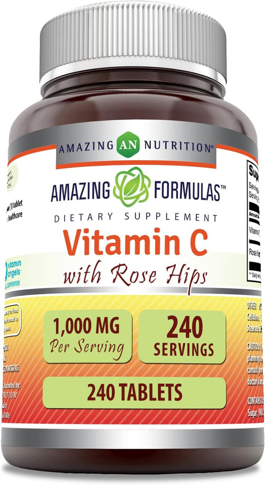 High Potency Vitamin C with Rose Hips 1000mg - 240 Tablets | Non-GMO, Gluten Free USA Made Supplement by Amazing Nutrition