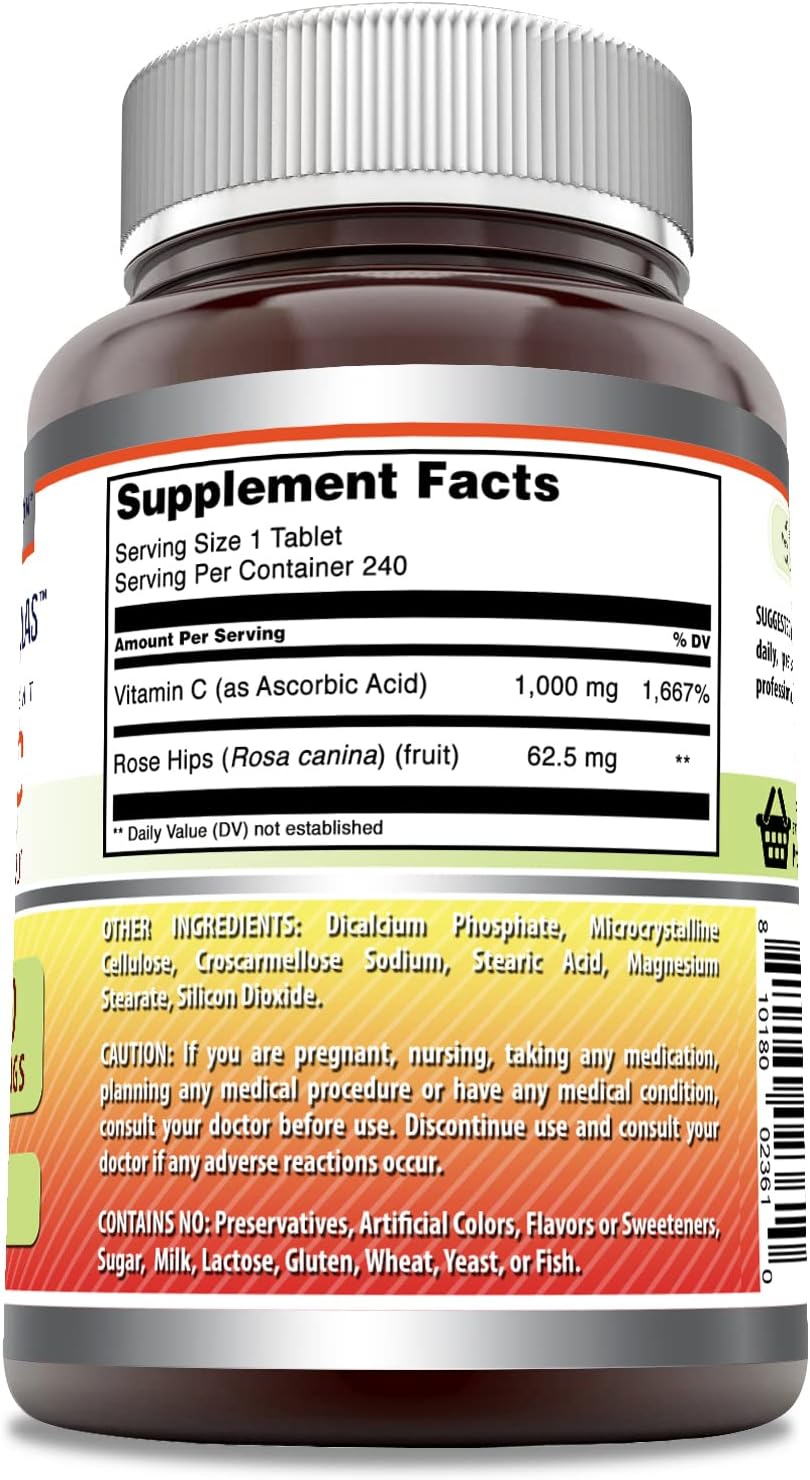High Potency Vitamin C with Rose Hips 1000mg - 240 Tablets | Non-GMO, Gluten Free USA Made Supplement by Amazing Nutrition