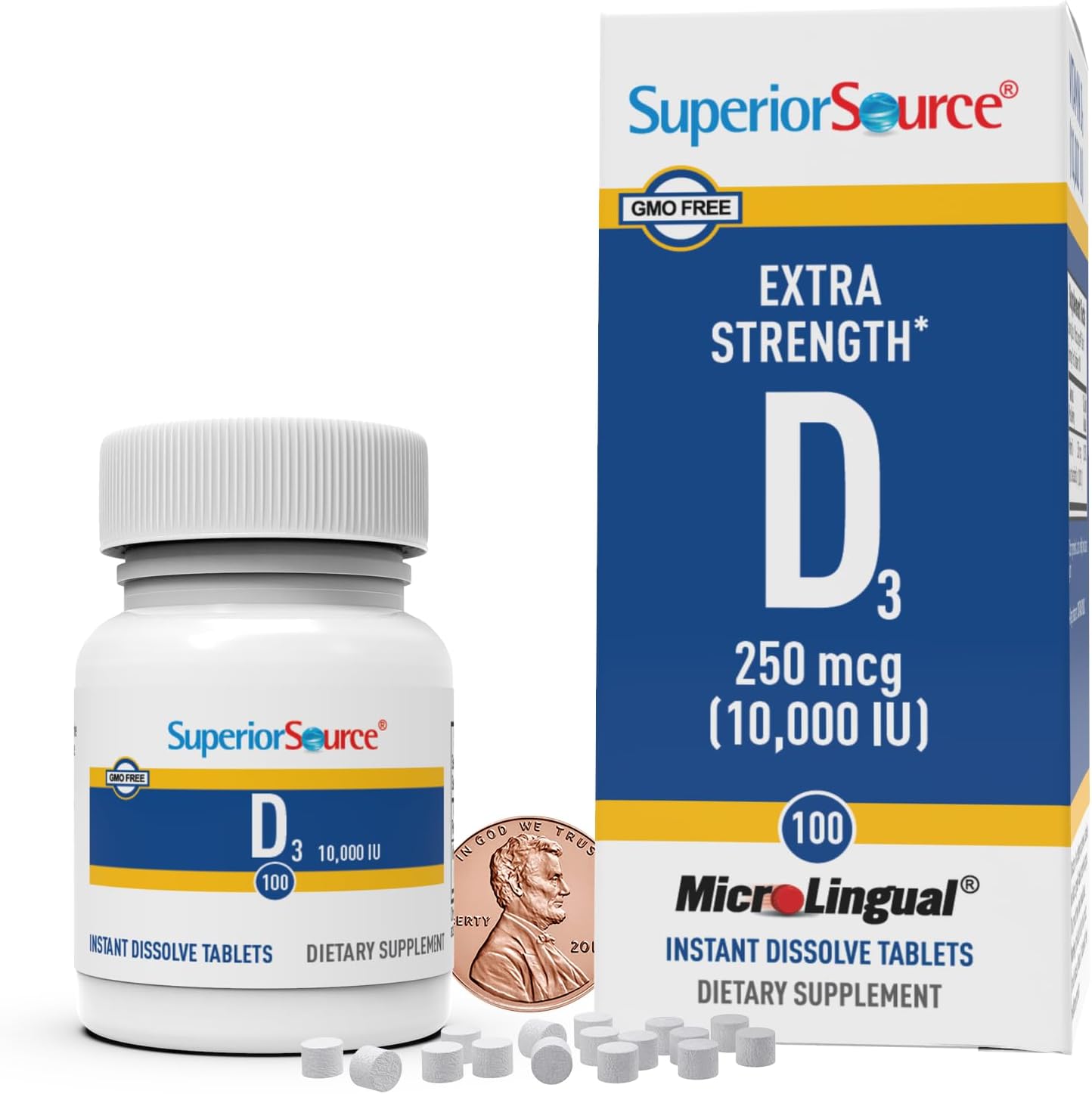 High Potency Vitamin D3 10000 IU MicroLingual Tablets - 100 Count - Supports Bone Health, Immune System, Muscle Function - Non-GMO