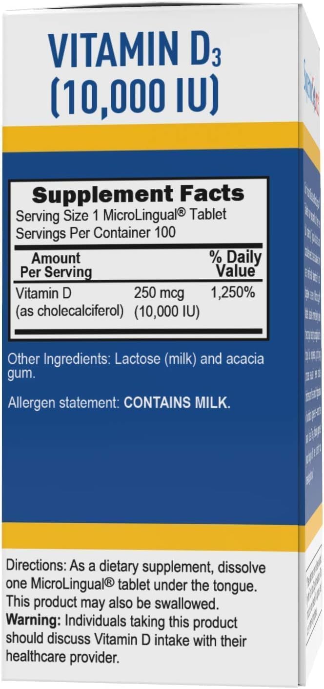 High Potency Vitamin D3 10000 IU MicroLingual Tablets - 100 Count - Supports Bone Health, Immune System, Muscle Function - Non-GMO