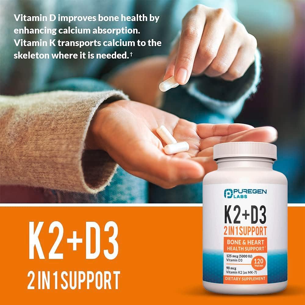 High Potency Vitamin D3 and K2 Complex for Bone and Heart Health - 120 Capsules, 4 Month Supply