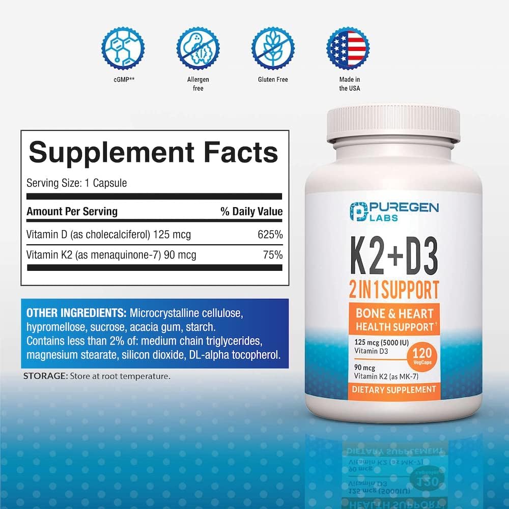 High Potency Vitamin D3 and K2 Complex for Bone and Heart Health - 120 Capsules, 4 Month Supply