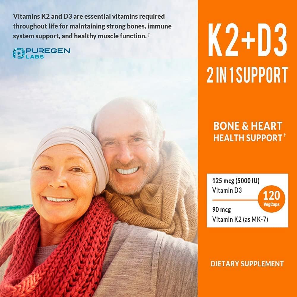 High Potency Vitamin D3 and K2 Complex for Bone and Heart Health - 120 Capsules, 4 Month Supply