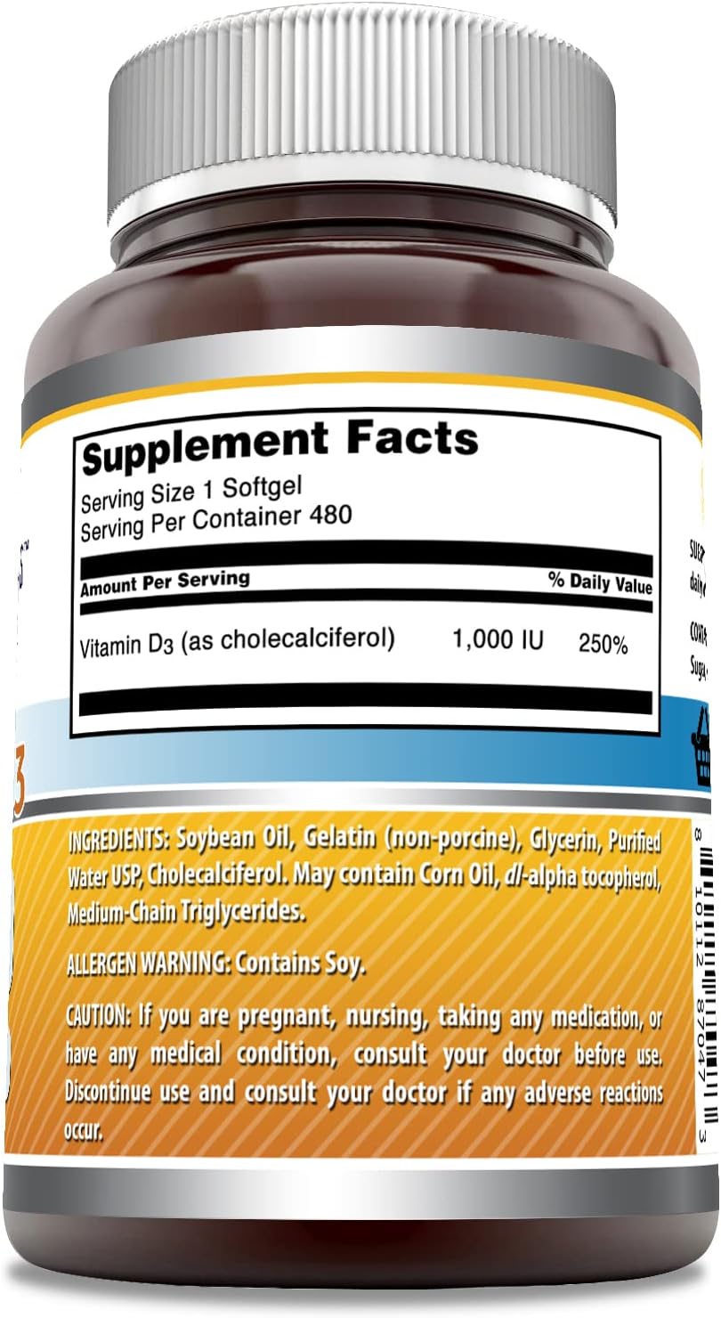 High Potency Vitamin D3 (Cholecalciferol) 1000 IU Supplement - 480 Softgels - Non-GMO, Gluten-Free - Made in USA by Amazing Nutrition