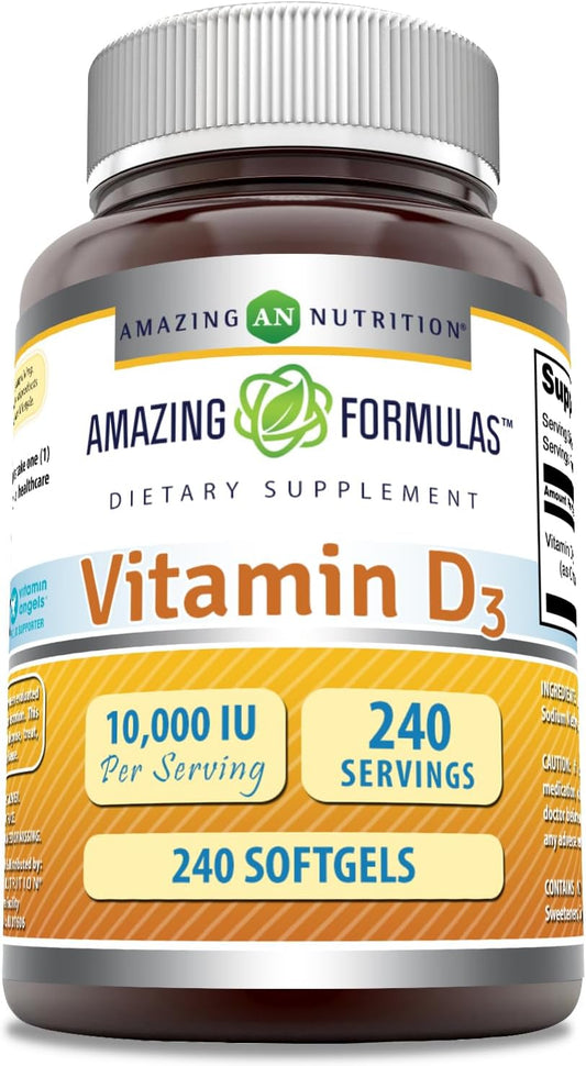 High Potency Vitamin D3 (Cholecalciferol) Supplement | 10,000 IU | 240 Softgels | Non-GMO | Gluten-Free | USA-Made