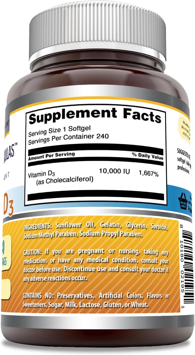 High Potency Vitamin D3 (Cholecalciferol) Supplement | 10,000 IU | 240 Softgels | Non-GMO | Gluten-Free | USA-Made