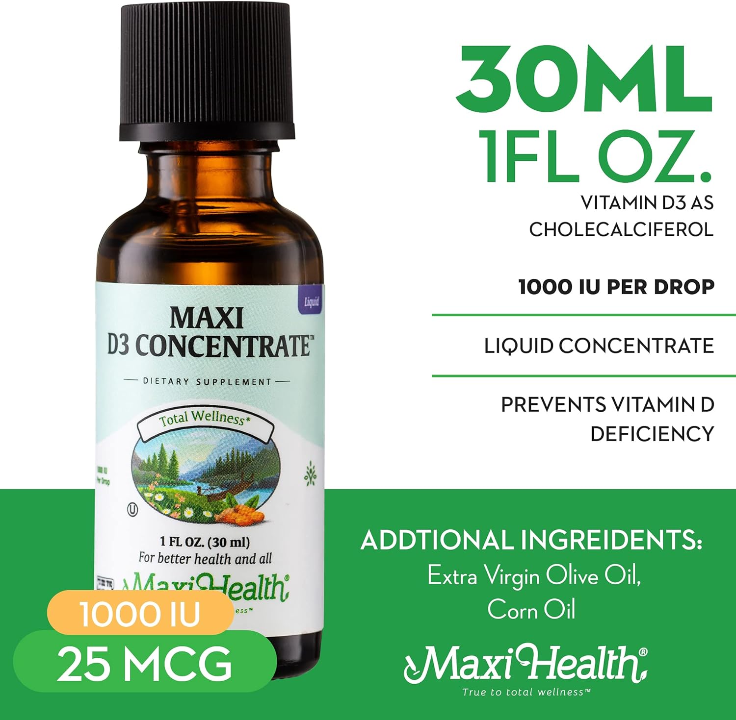 High Potency Vitamin D3 Concentrate - 1000 IU Per Drop - Liquid Supplement for Calcium Absorption, Immune & Bone Health - 1 fl oz