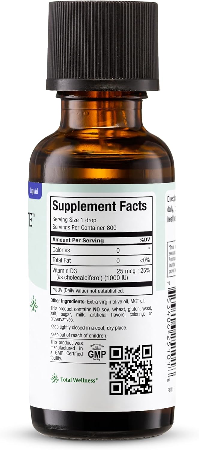 High Potency Vitamin D3 Concentrate - 1000 IU Per Drop - Liquid Supplement for Calcium Absorption, Immune & Bone Health - 1 fl oz