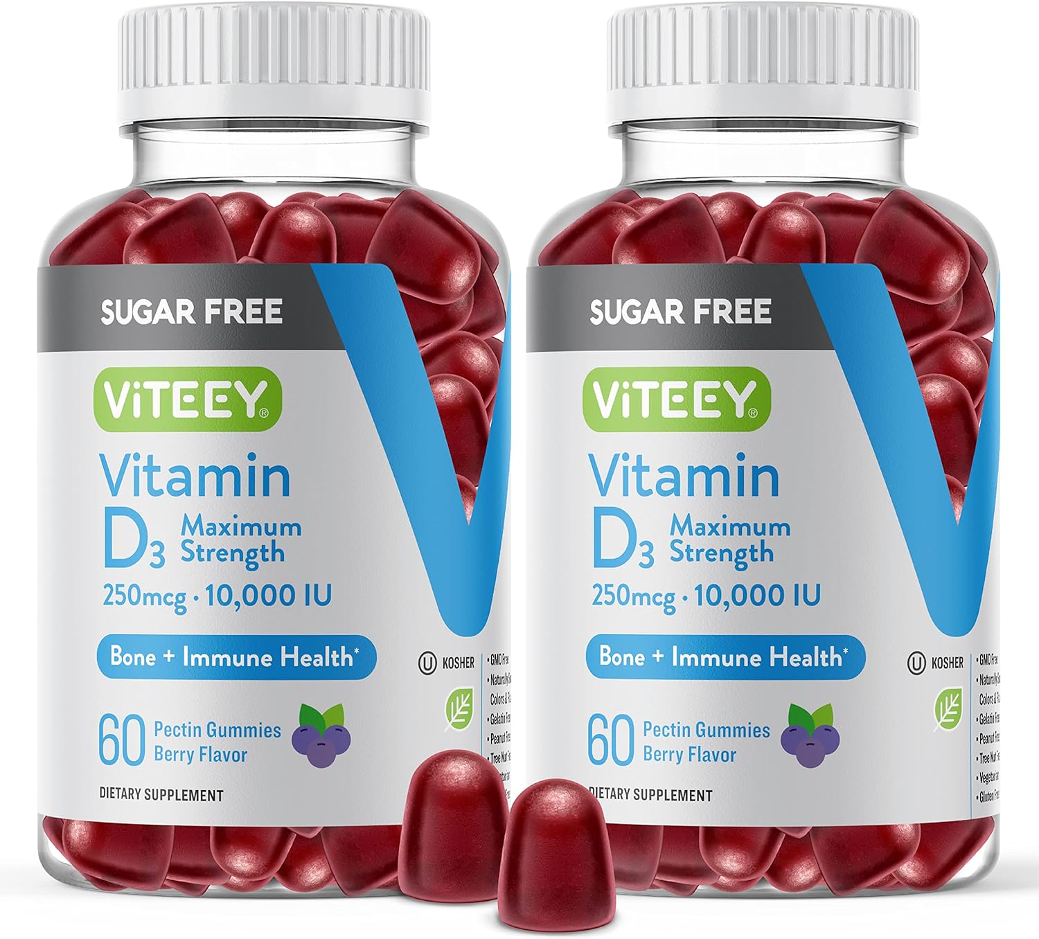 High Potency Vitamin D3 Gummies for Adults & Teens - 10,000 IU, 250mcg - Sugar Free, Bone, Joint, Muscle Health - Immune Support - Vegetarian, Gelatin Free - Berry Flavored Chewable Gummy