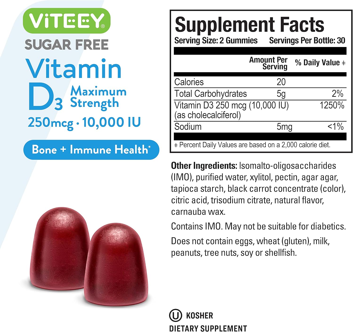 High Potency Vitamin D3 Gummies for Adults & Teens - 10,000 IU, 250mcg - Sugar Free, Bone, Joint, Muscle Health - Immune Support - Vegetarian, Gelatin Free - Berry Flavored Chewable Gummy