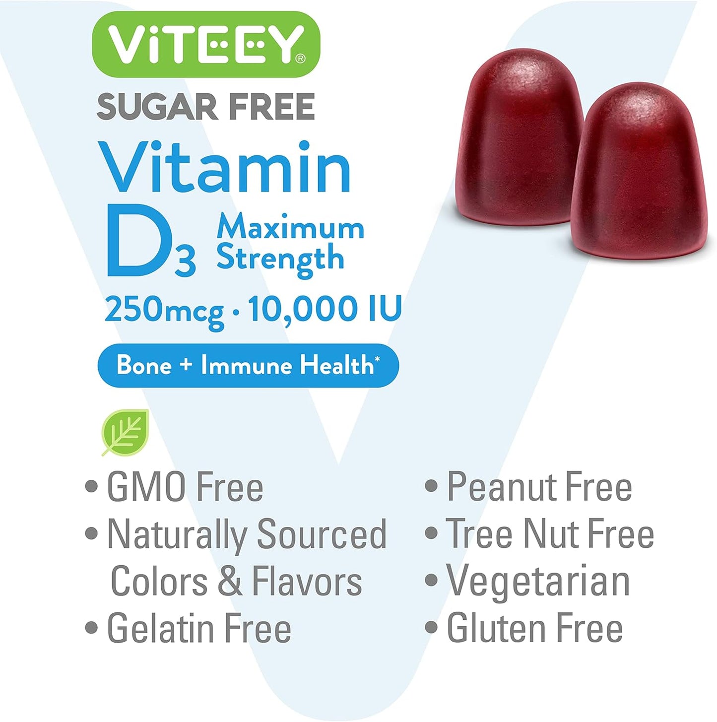 High Potency Vitamin D3 Gummies for Adults & Teens - 10,000 IU, 250mcg - Sugar Free, Bone, Joint, Muscle Health - Immune Support - Vegetarian, Gelatin Free - Berry Flavored Chewable Gummy