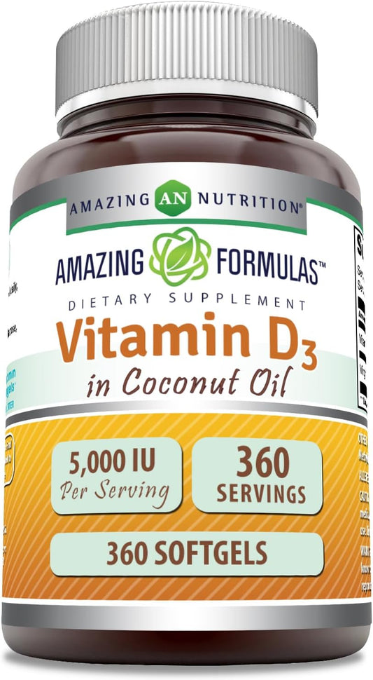High Potency Vitamin D3 in Coconut Oil Softgels | 5000 IU | 360 Count | Non-GMO, Gluten-Free | Made in USA by Amazing Nutrition