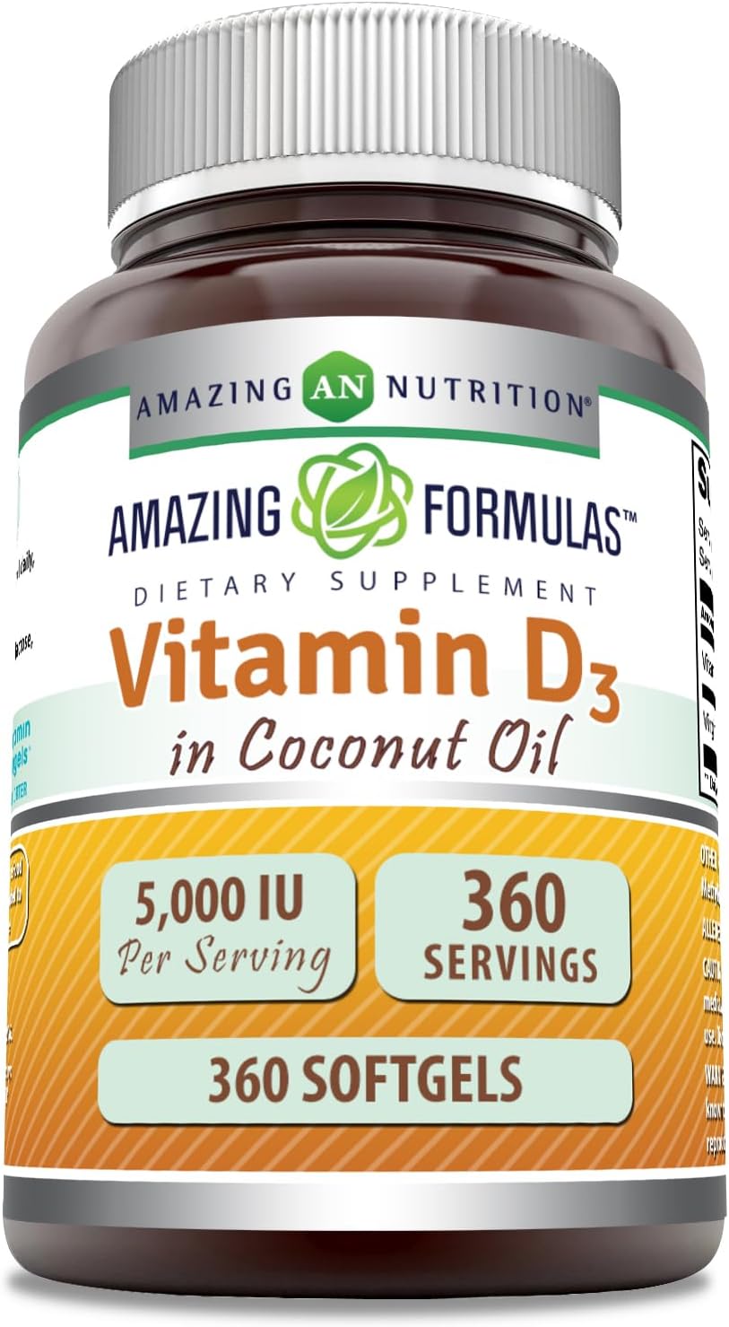 High Potency Vitamin D3 in Coconut Oil Softgels | 5000 IU | 360 Count | Non-GMO, Gluten-Free | Made in USA by Amazing Nutrition