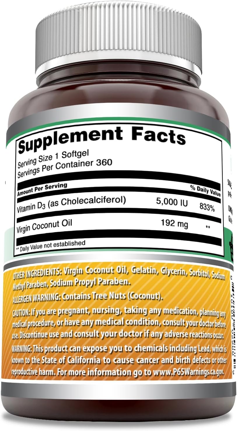 High Potency Vitamin D3 in Coconut Oil Softgels | 5000 IU | 360 Count | Non-GMO, Gluten-Free | Made in USA by Amazing Nutrition